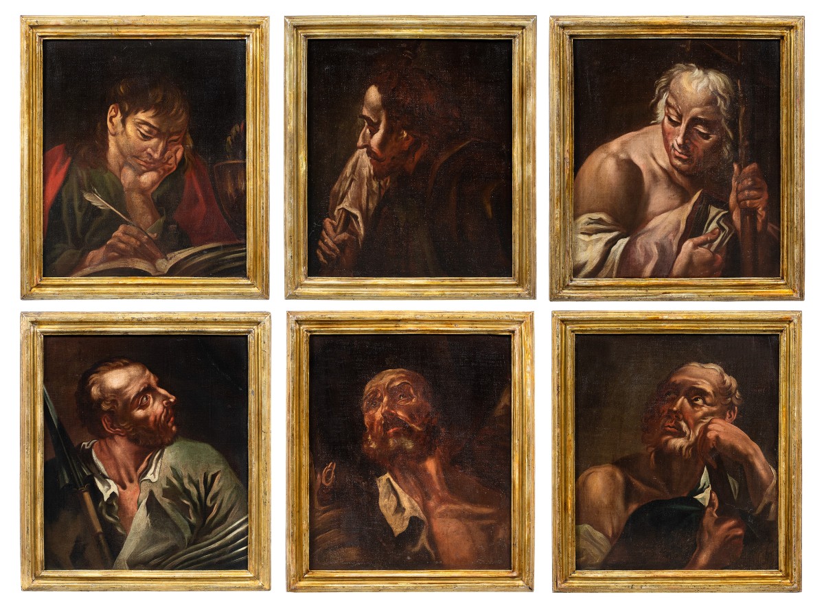 Cerchia di Giambattista Piazzetta (Venezia 1683 - Venezia 1754) - Sei apostoli a mezzobusto.