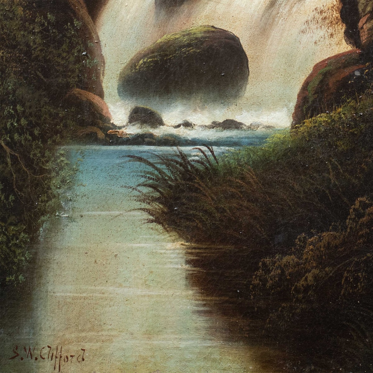 S.W. Clifford (British, fine XIX sec.) - Paesaggio boschivo con cascata.-photo-2