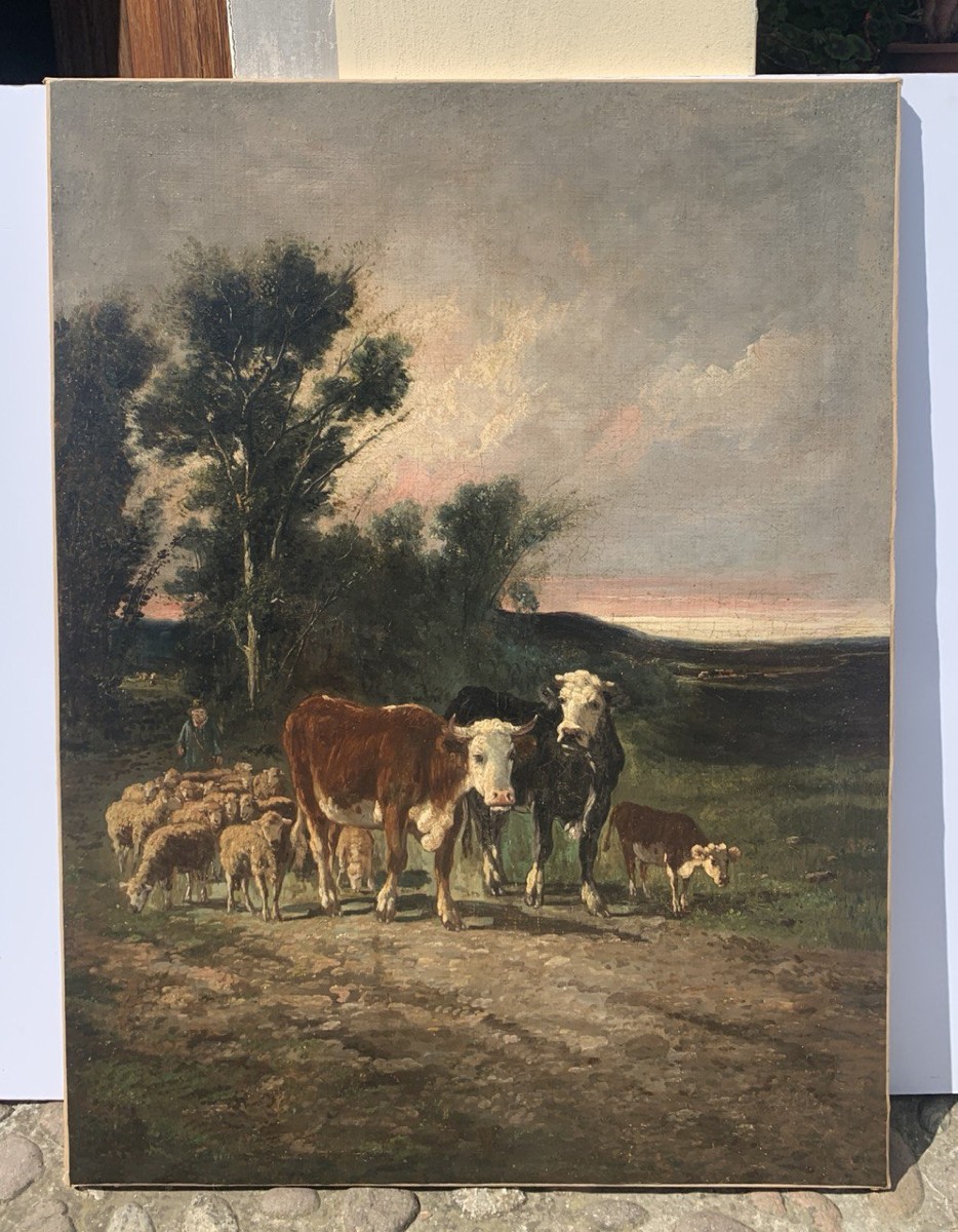 Pittore europeo (XIX secolo) - Paesaggio con bovini e gregge al tramonto.-photo-4