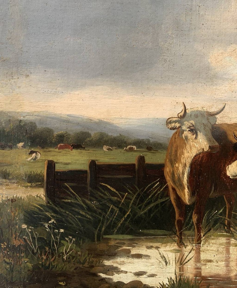 Pittore europeo (XIX secolo) - Paesaggio con bovini al guado.-photo-1