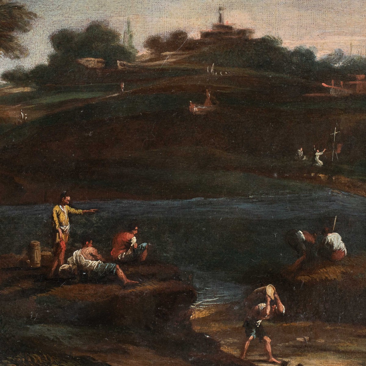 Pittore veneziano (XVIII secolo) - Paesaggio fluviale con figure.-photo-2