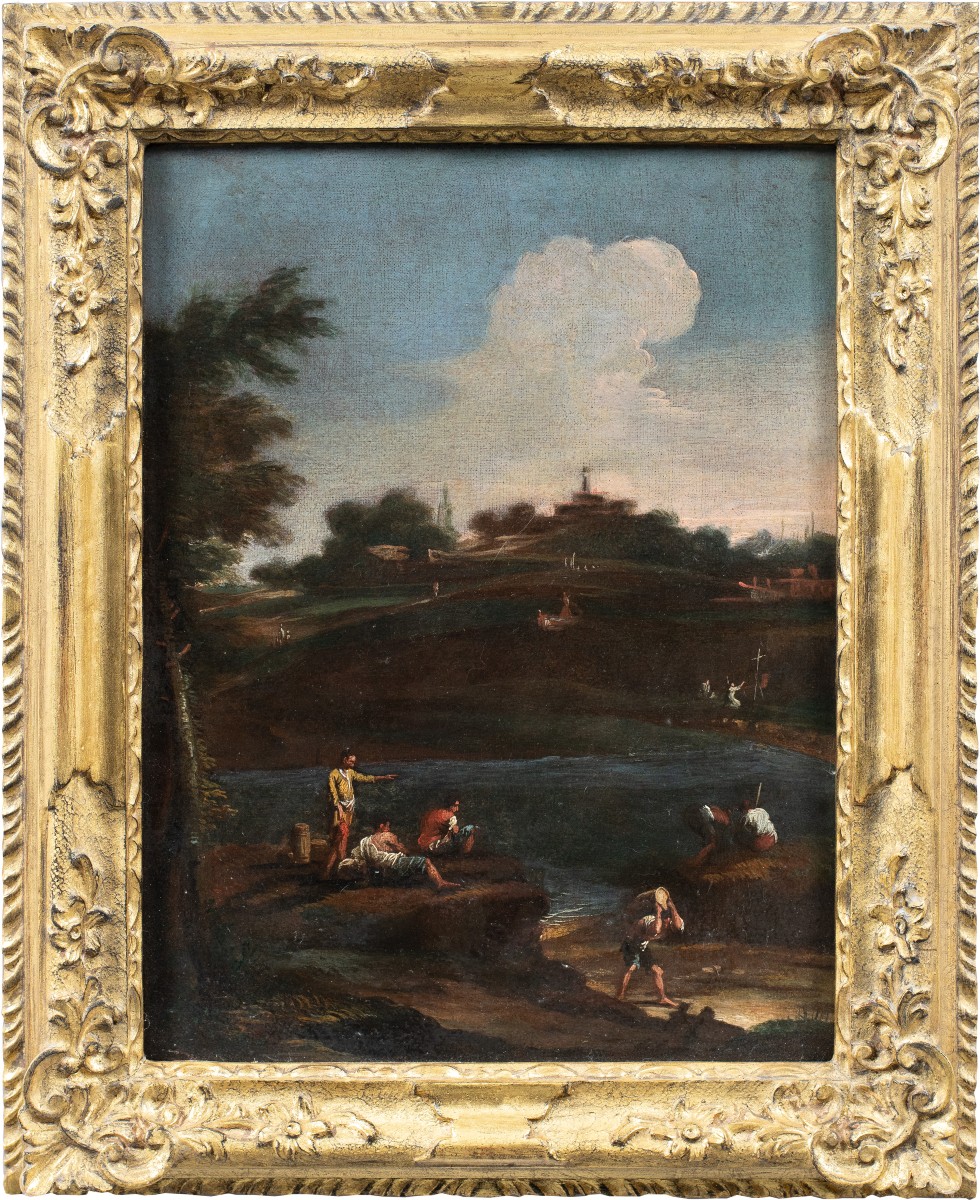Pittore veneziano (XVIII secolo) - Paesaggio fluviale con figure.