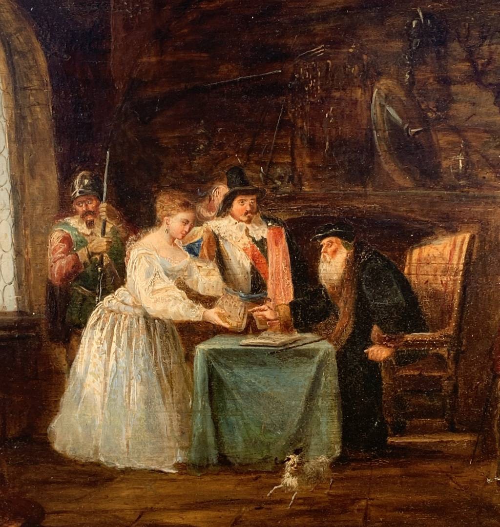 Pittore italiano (XIX sec.) - Interno con figure in costume seicentesco.-photo-2