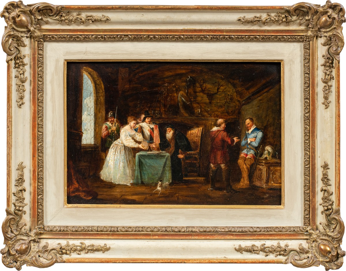 Pittore italiano (XIX sec.) - Interno con figure in costume seicentesco.