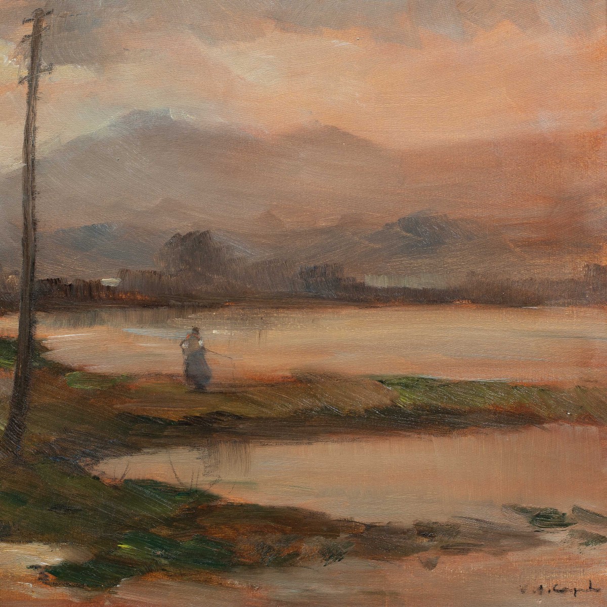 Vittorio Antonio Cargnel (Venezia 1872 - Milano 1931) - Paesaggio con borgo e figure.-photo-3