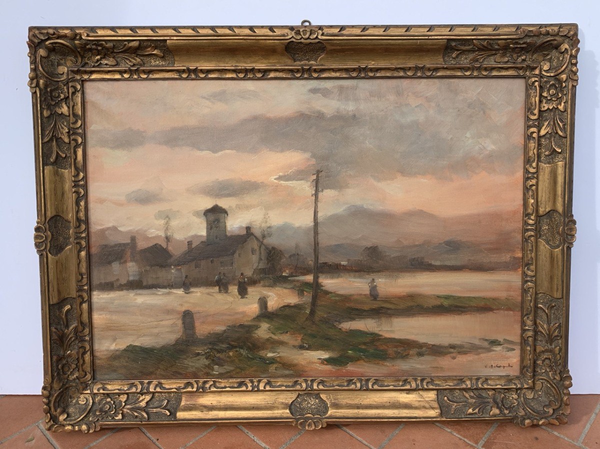 Vittorio Antonio Cargnel (Venezia 1872 - Milano 1931) - Paesaggio con borgo e figure.-photo-1