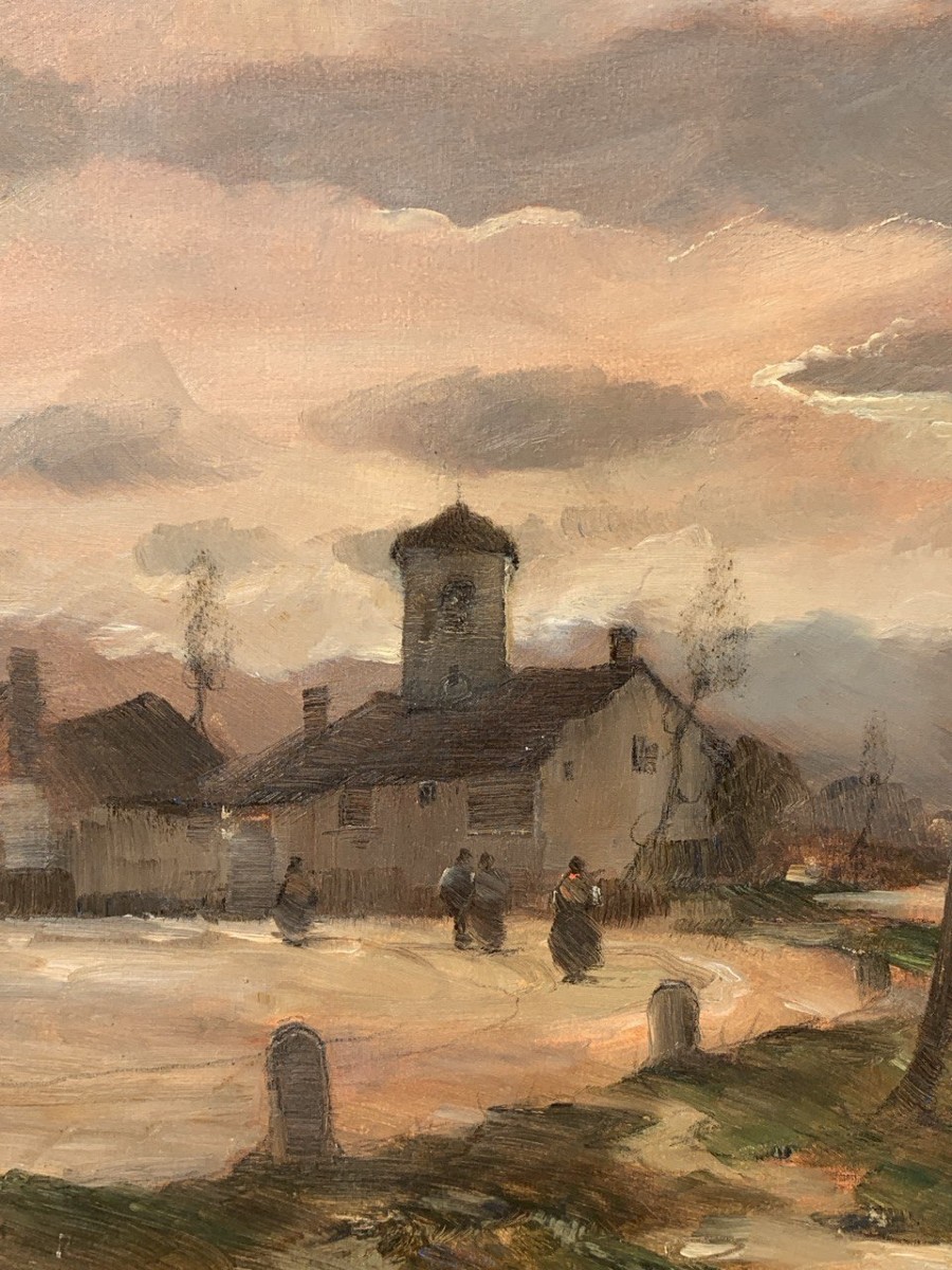 Vittorio Antonio Cargnel (Venezia 1872 - Milano 1931) - Paesaggio con borgo e figure.-photo-3