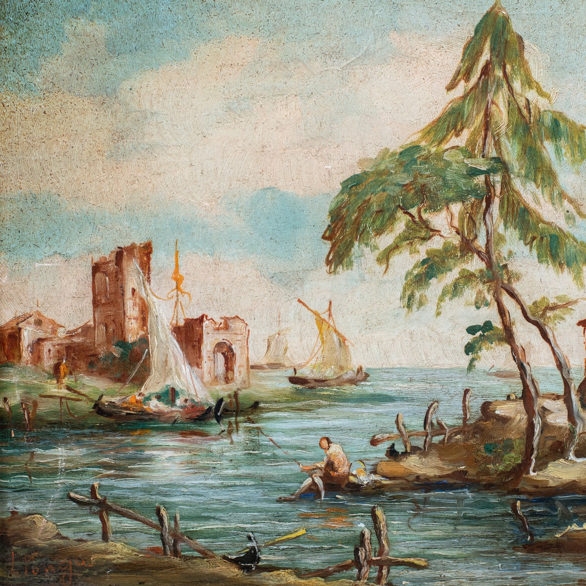 Lucia Ponga degli Ancillo (1887 - 1966) - Capriccio veneziano con rovine, barche e macchiette.-photo-2