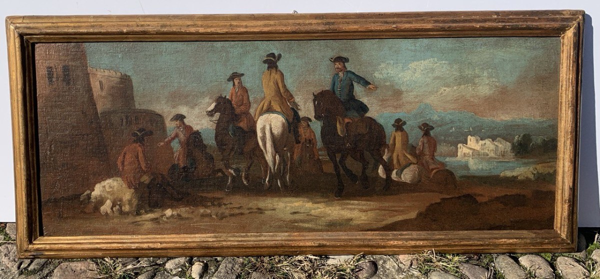 Giuseppe Zais (Forno di Canale 1709 - Treviso 1784) - Paesaggio con corteo di cavalieri e forte-photo-4
