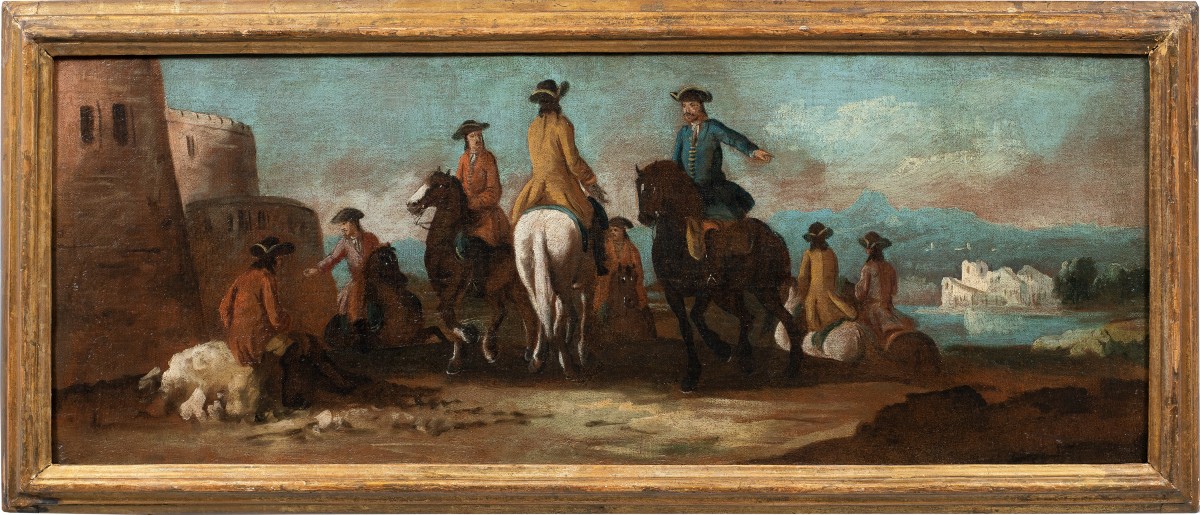 Giuseppe Zais (Forno di Canale 1709 - Treviso 1784) - Paesaggio con corteo di cavalieri e forte