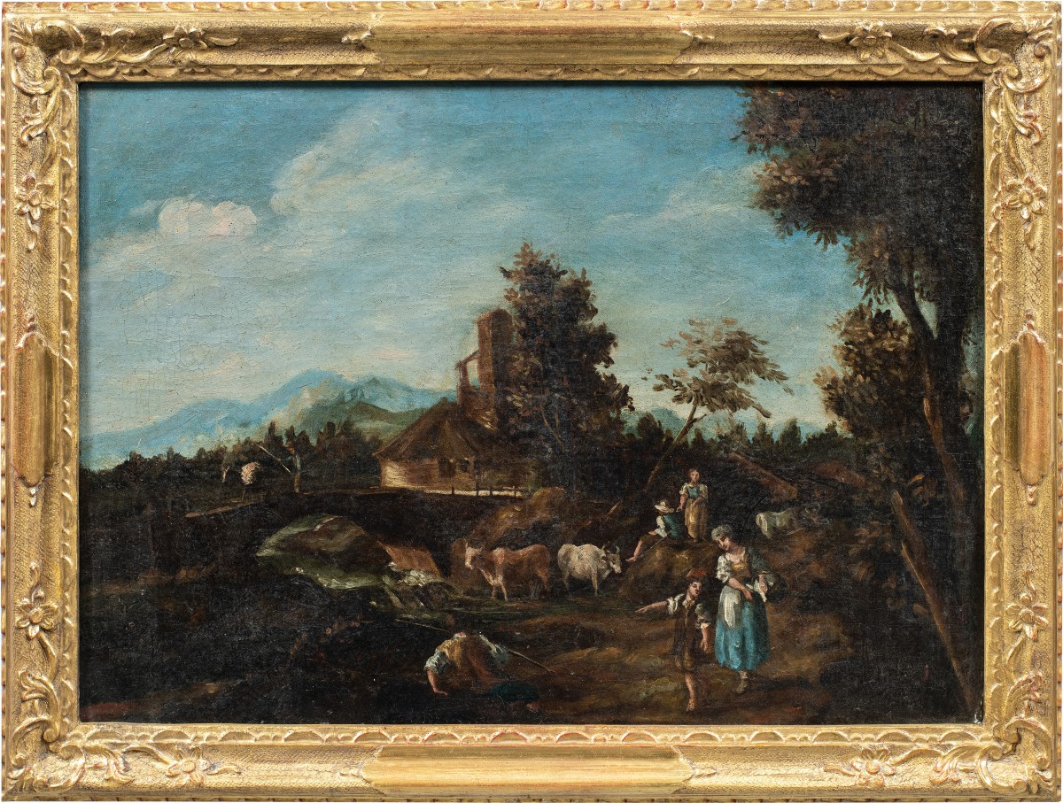 Giuseppe Zais (Forno di Canale 1709 - Treviso 1784) - Paesaggio con lavandaie.