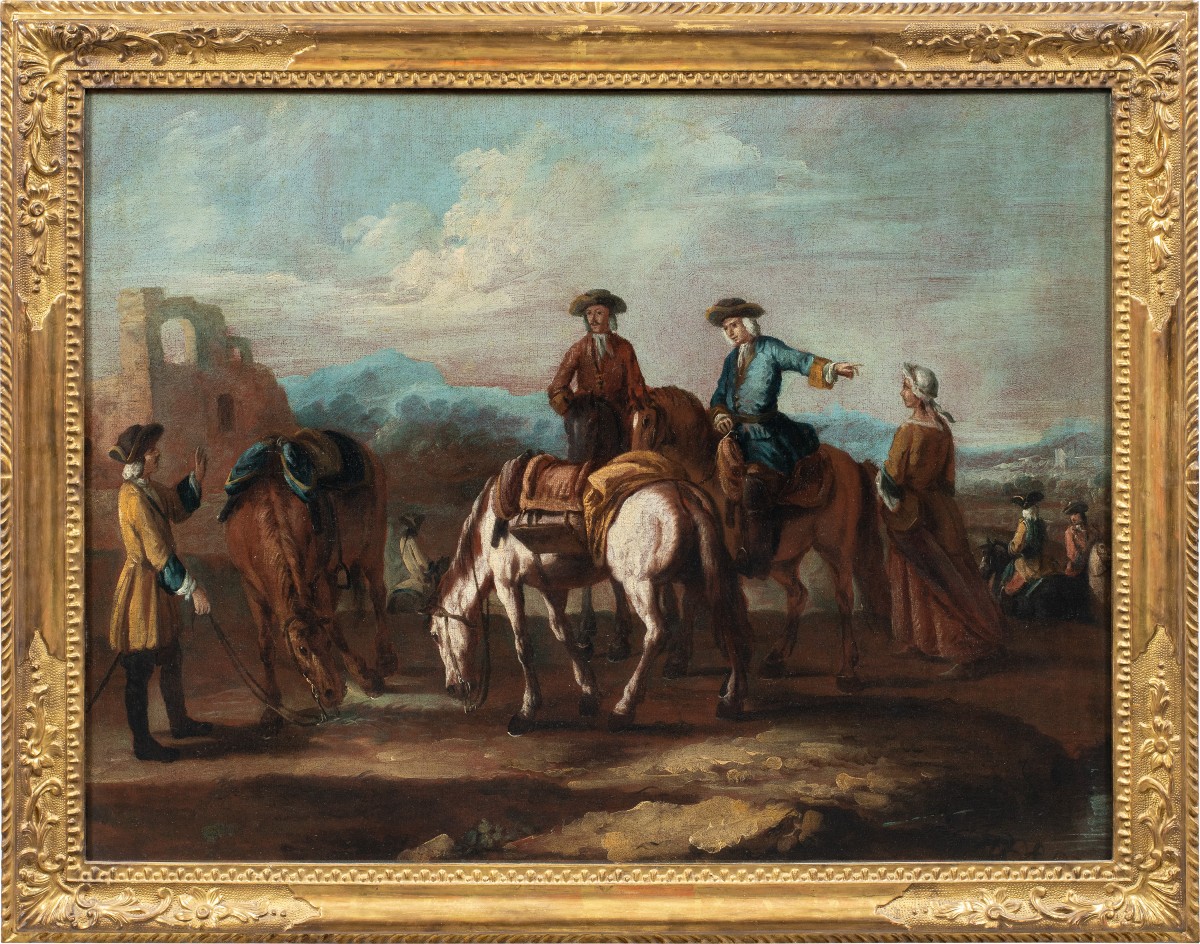 Giuseppe Zais (Forno di Canale 1709 - Treviso 1784) - Paesaggio con cavalieri in sosta.