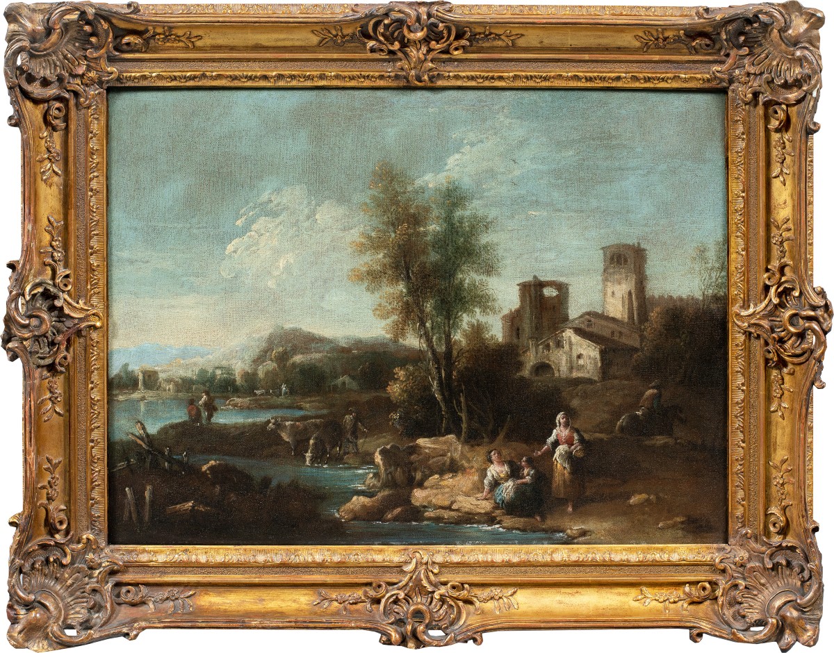 Giuseppe Zais (Forno di Canale 1709 - Treviso 1784) - Paesaggio con pastorelle.