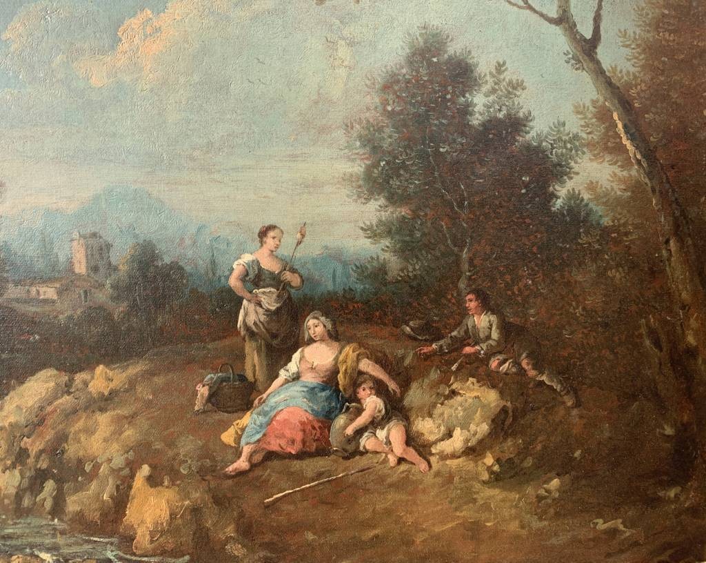 Giuseppe Zais (Forno di Canale 1709 - Treviso 1784) - Paesaggio con pastorelli e filatrice.-photo-1