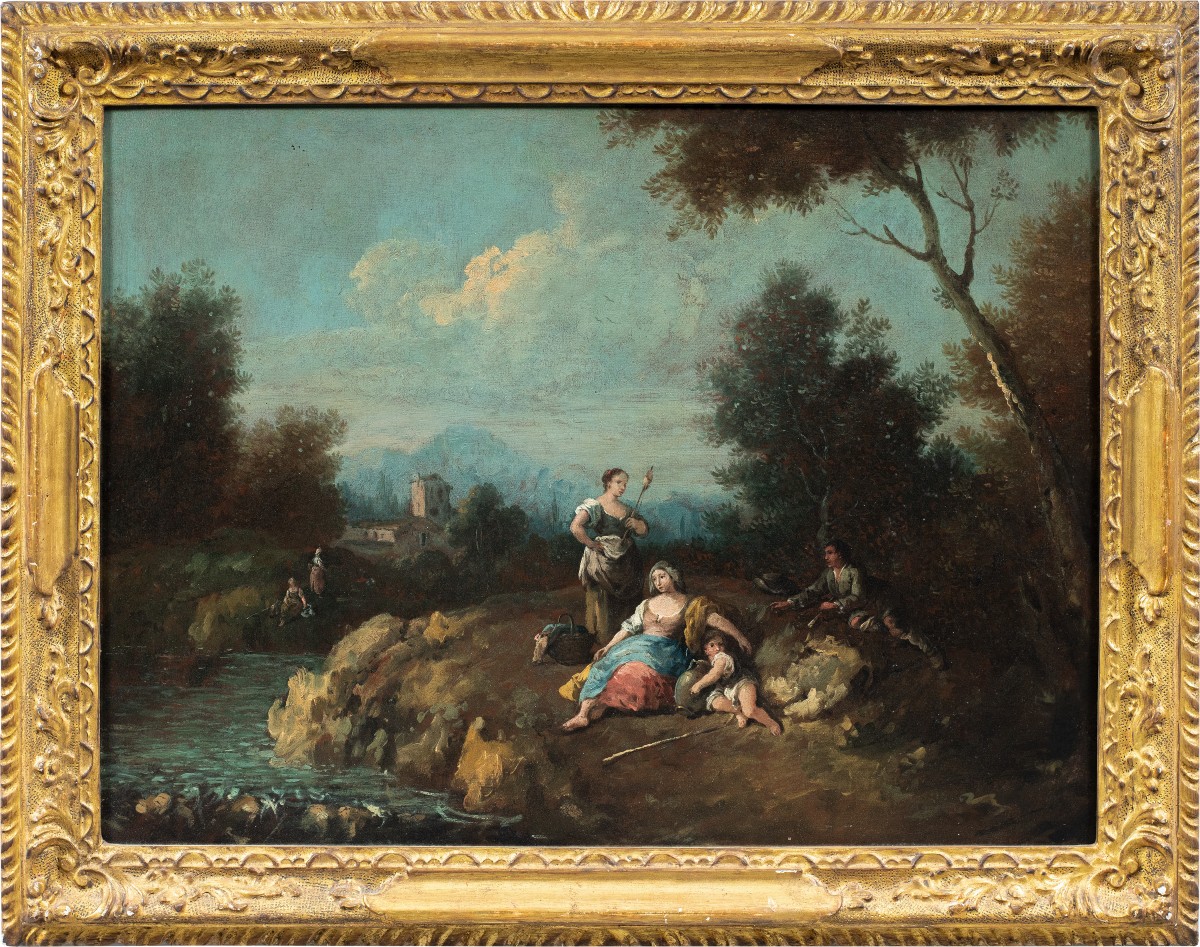 Giuseppe Zais (Forno di Canale 1709 - Treviso 1784) - Paesaggio con pastorelli e filatrice.
