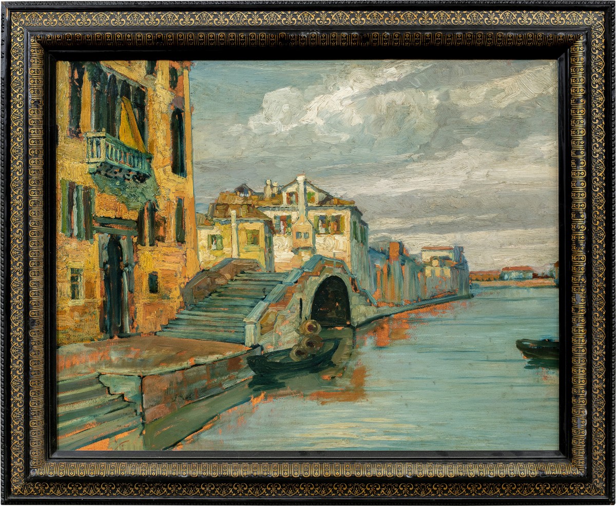 Pittore veneziano (inizi del XX secolo) - Canale veneziano con ponte e palazzo gotico. 