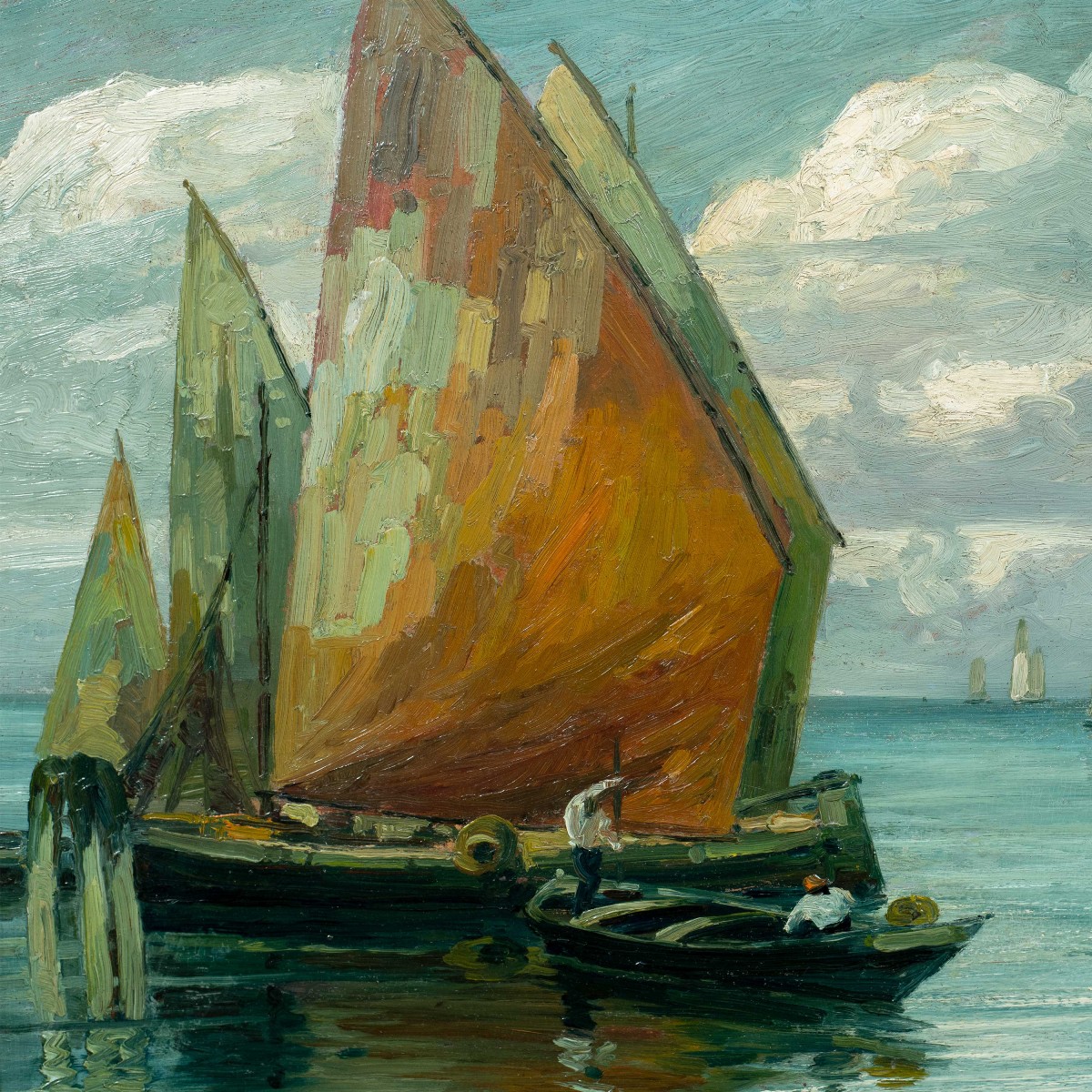 Vittorio Matiolin (attivo a Venezia agli inizi del XX secolo) - Bragozzi con vele nella laguna.-photo-2
