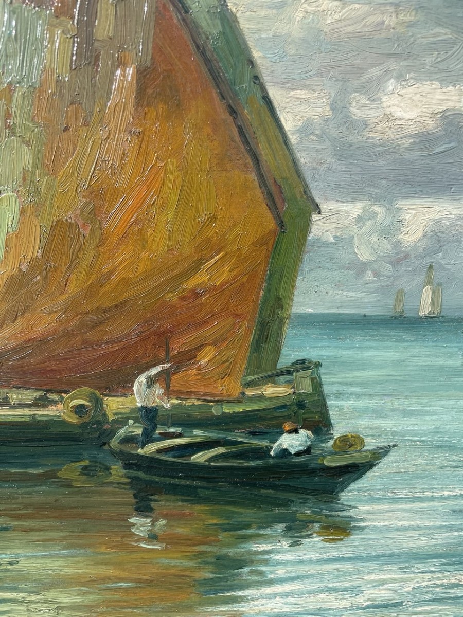Vittorio Matiolin (attivo a Venezia agli inizi del XX secolo) - Bragozzi con vele nella laguna.-photo-2