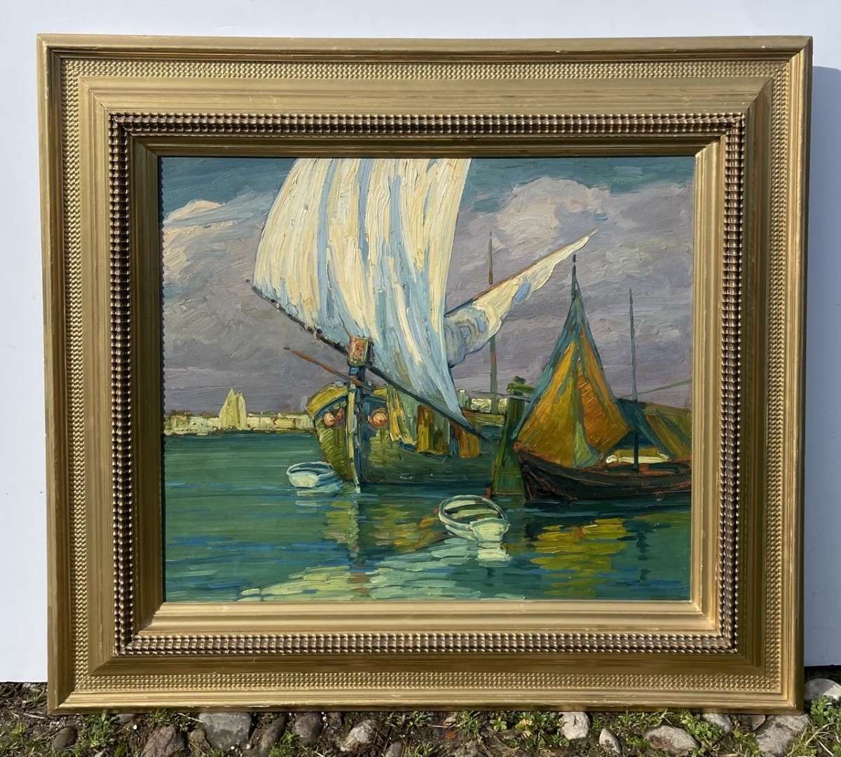 E. Scattolini (attivo a Venezia agli inizi del XX secolo) - Bragozzi con vele nella laguna.-photo-4