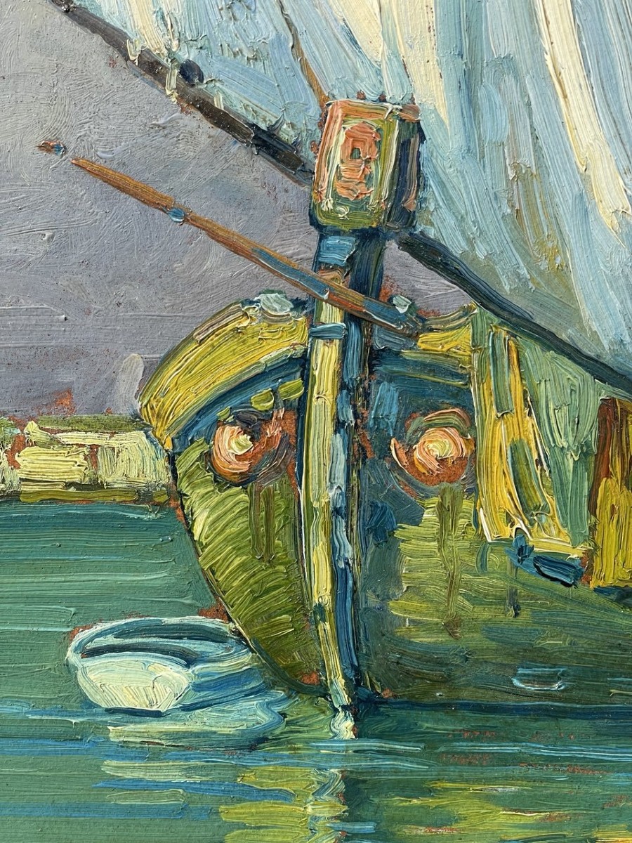 E. Scattolini (attivo a Venezia agli inizi del XX secolo) - Bragozzi con vele nella laguna.-photo-1