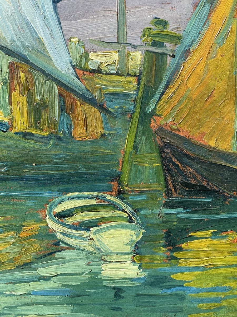 E. Scattolini (attivo a Venezia agli inizi del XX secolo) - Bragozzi con vele nella laguna.-photo-2