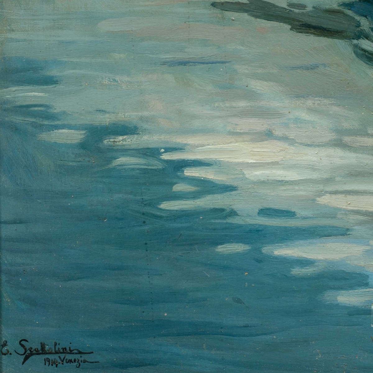 E. Scattolini (Venezia,  inizi del XX sec.) - Barche da pesca nella laguna con veduta di Burano-photo-3