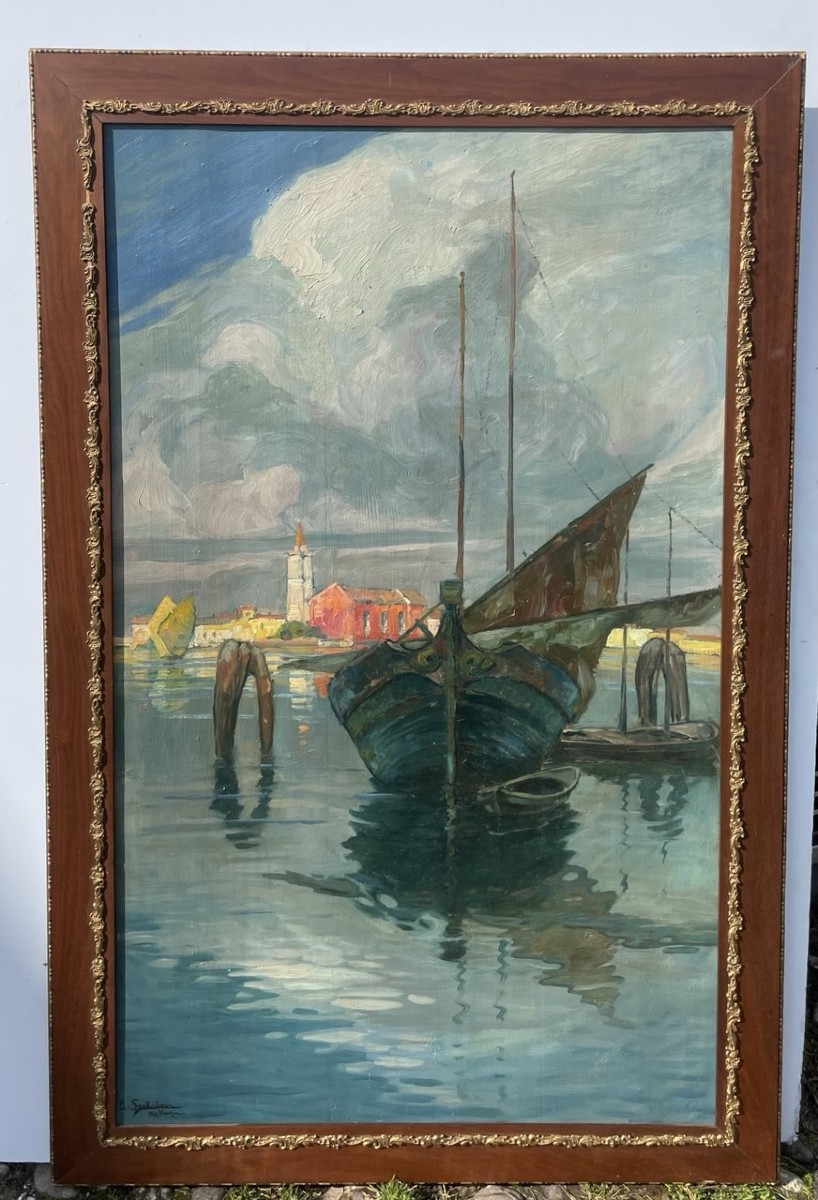 E. Scattolini (Venezia,  inizi del XX sec.) - Barche da pesca nella laguna con veduta di Burano-photo-1