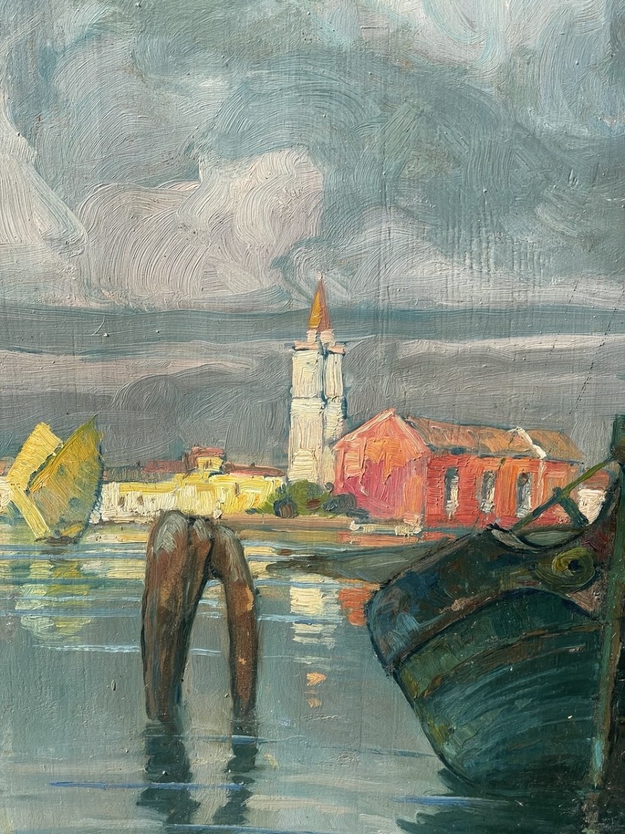 E. Scattolini (Venezia,  inizi del XX sec.) - Barche da pesca nella laguna con veduta di Burano-photo-3