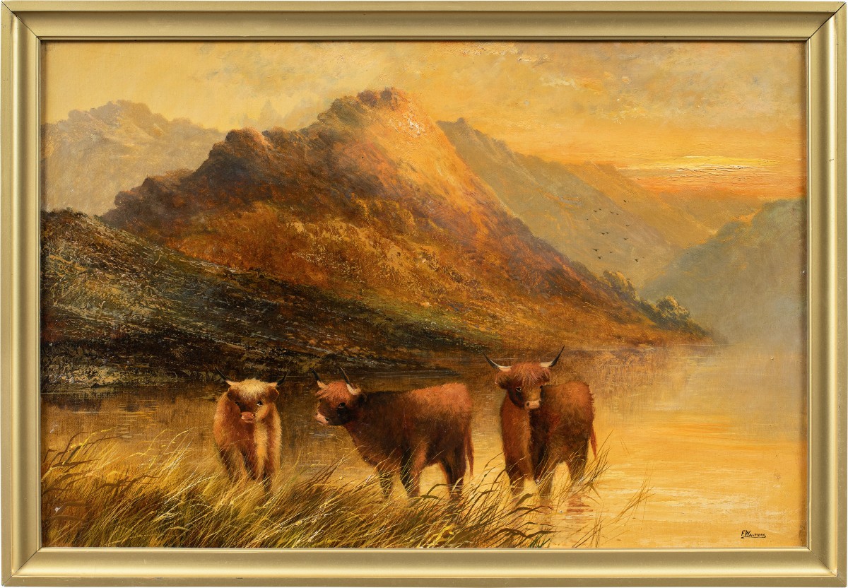 Frank Walters (British, fine XIX sec.) - Bovini delle Highlands al tramonto.