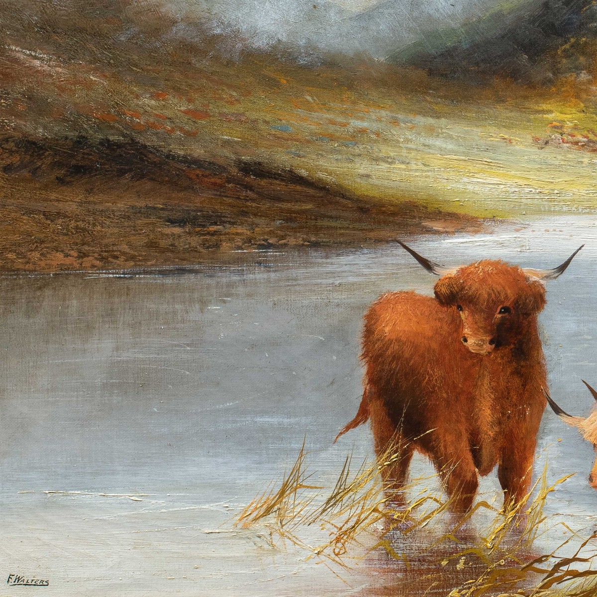 Frank Walters (British, fine XIX sec.) - Bovini delle Highlands sulla riva del lago.-photo-2