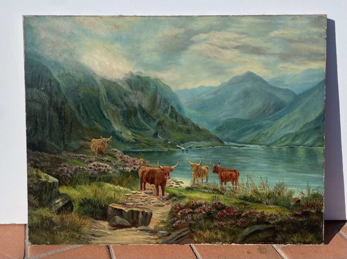 Lilian Harrison (British, XIX - XX sec.) - Tori delle Highlands in un paesaggio lacustre-photo-1