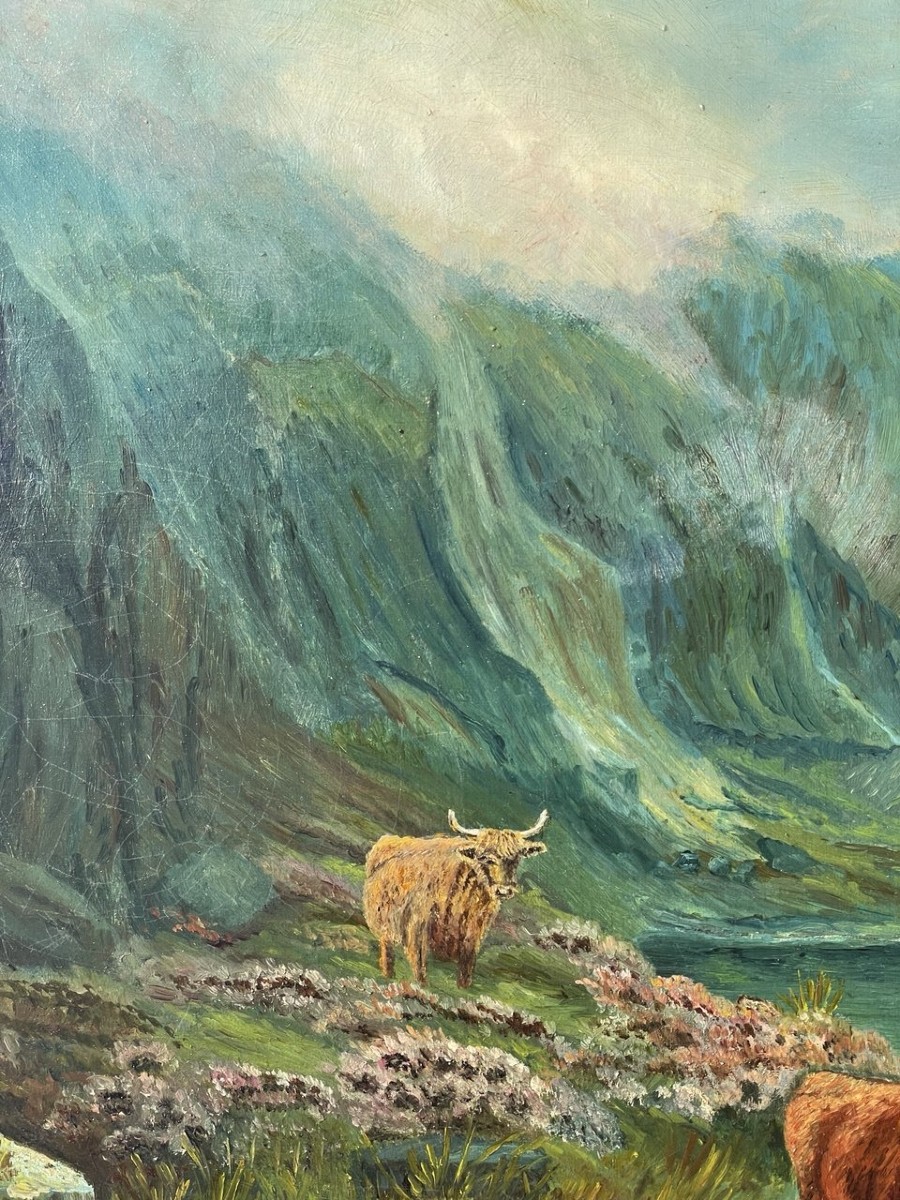 Lilian Harrison (British, XIX - XX sec.) - Tori delle Highlands in un paesaggio lacustre-photo-2