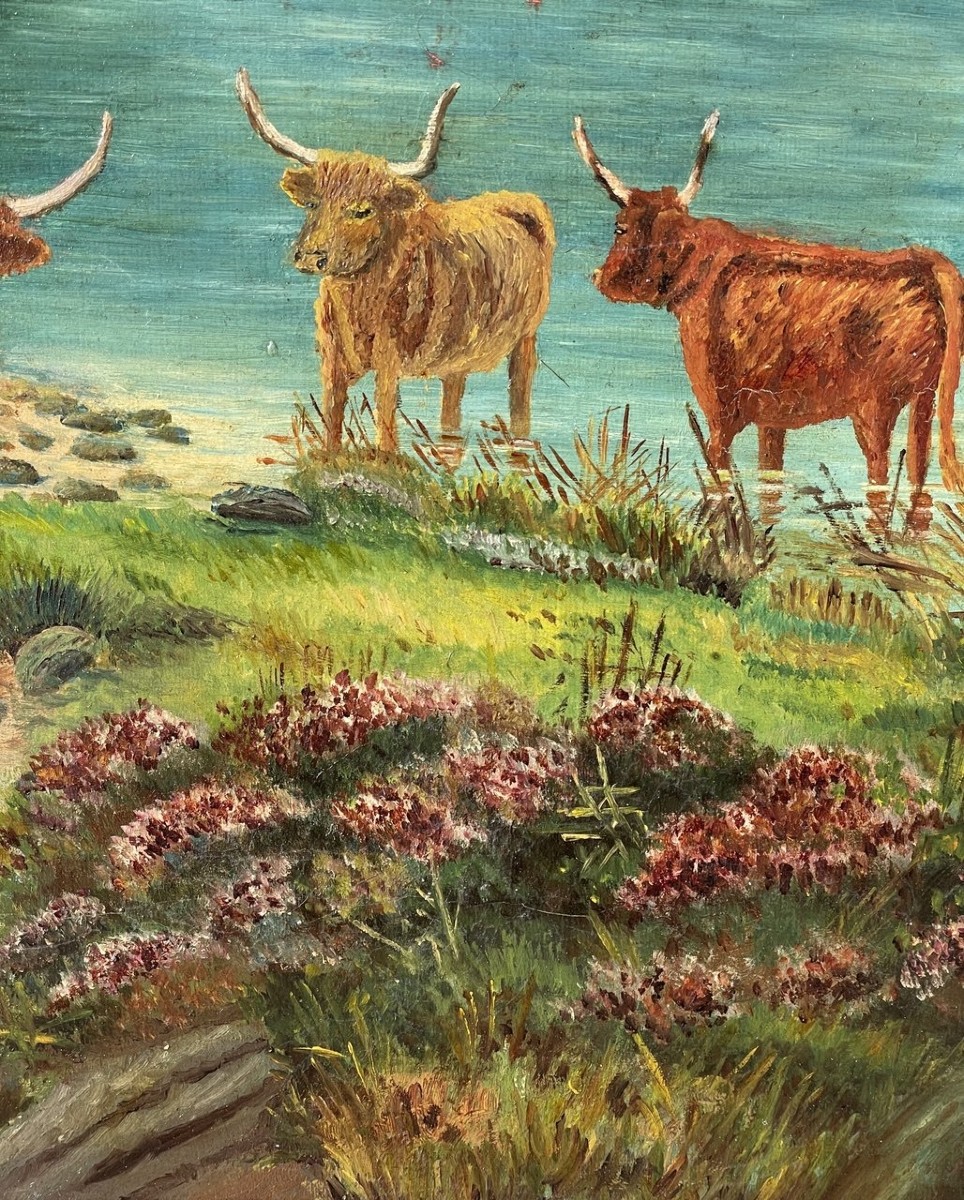 Lilian Harrison (British, XIX - XX sec.) - Tori delle Highlands in un paesaggio lacustre-photo-3