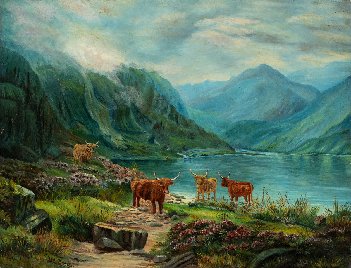 Lilian Harrison (British, XIX - XX sec.) - Tori delle Highlands in un paesaggio lacustre