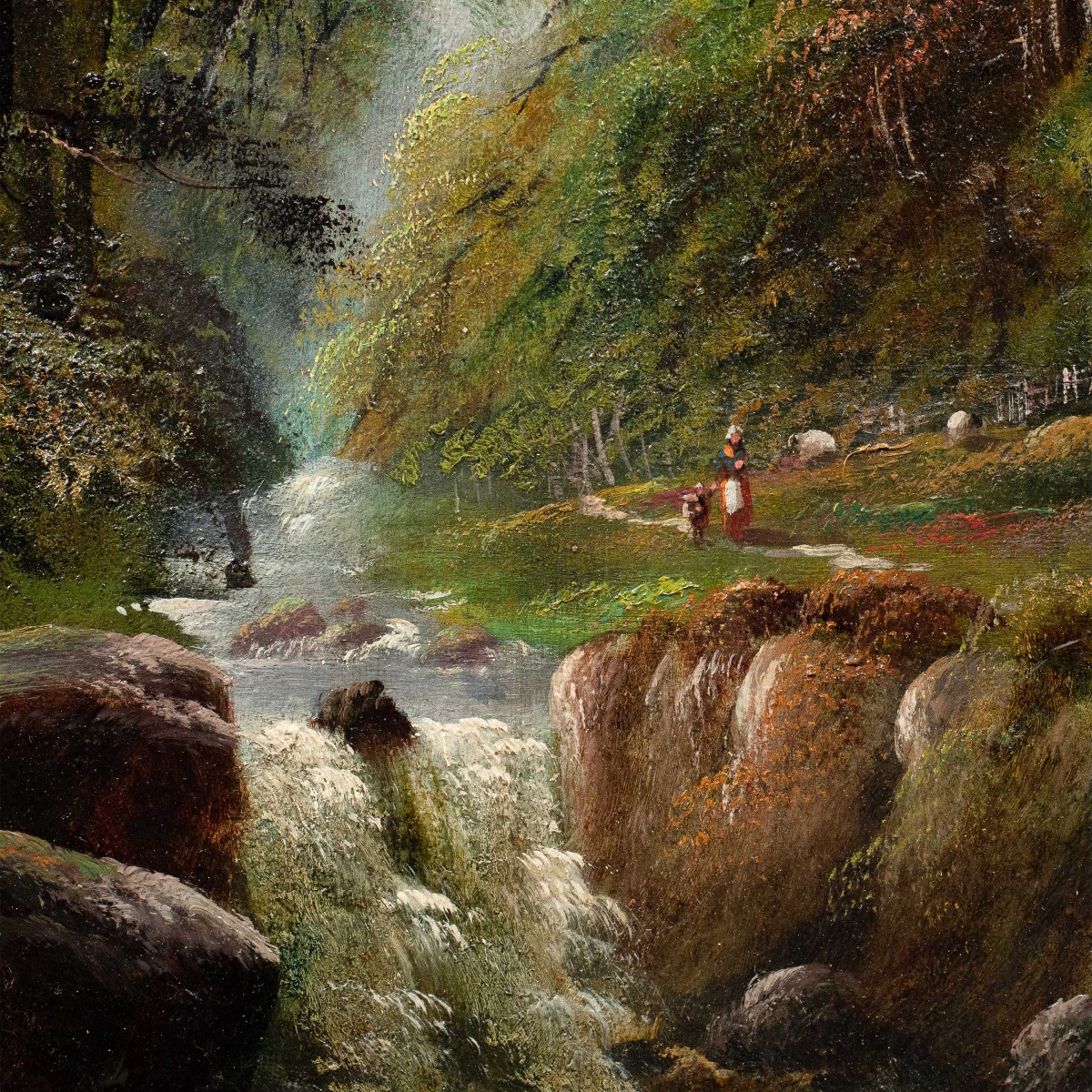 Pittore britannico (XIX-XX secolo) - Paesaggio boscoso con cascata, pastorella e gregge. -photo-2