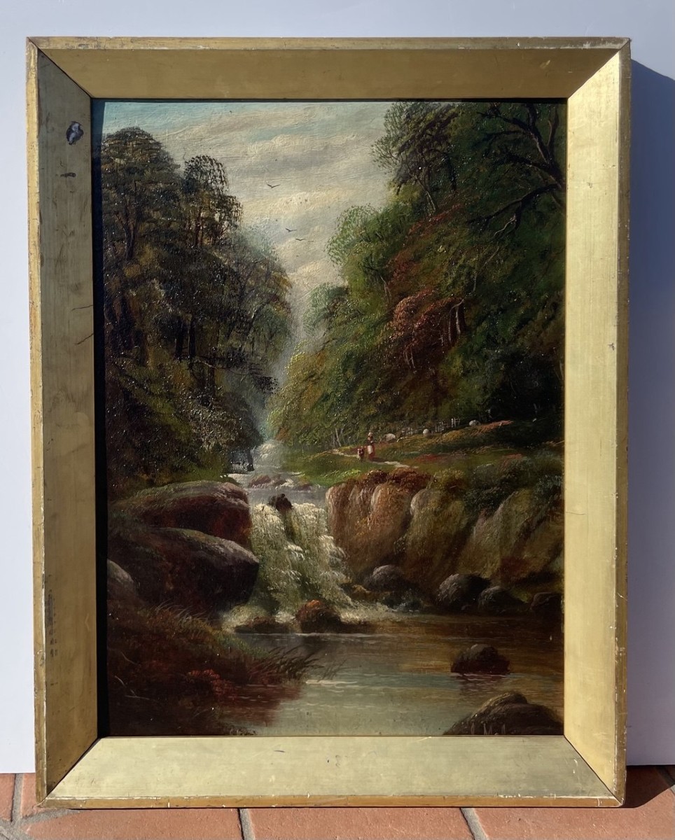 Pittore britannico (XIX-XX secolo) - Paesaggio boscoso con cascata, pastorella e gregge. -photo-4