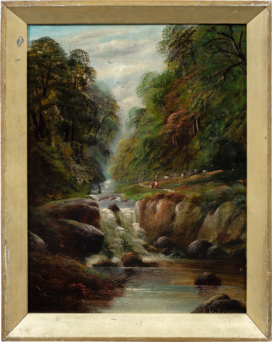 Pittore britannico (XIX-XX secolo) - Paesaggio boscoso con cascata, pastorella e gregge. 