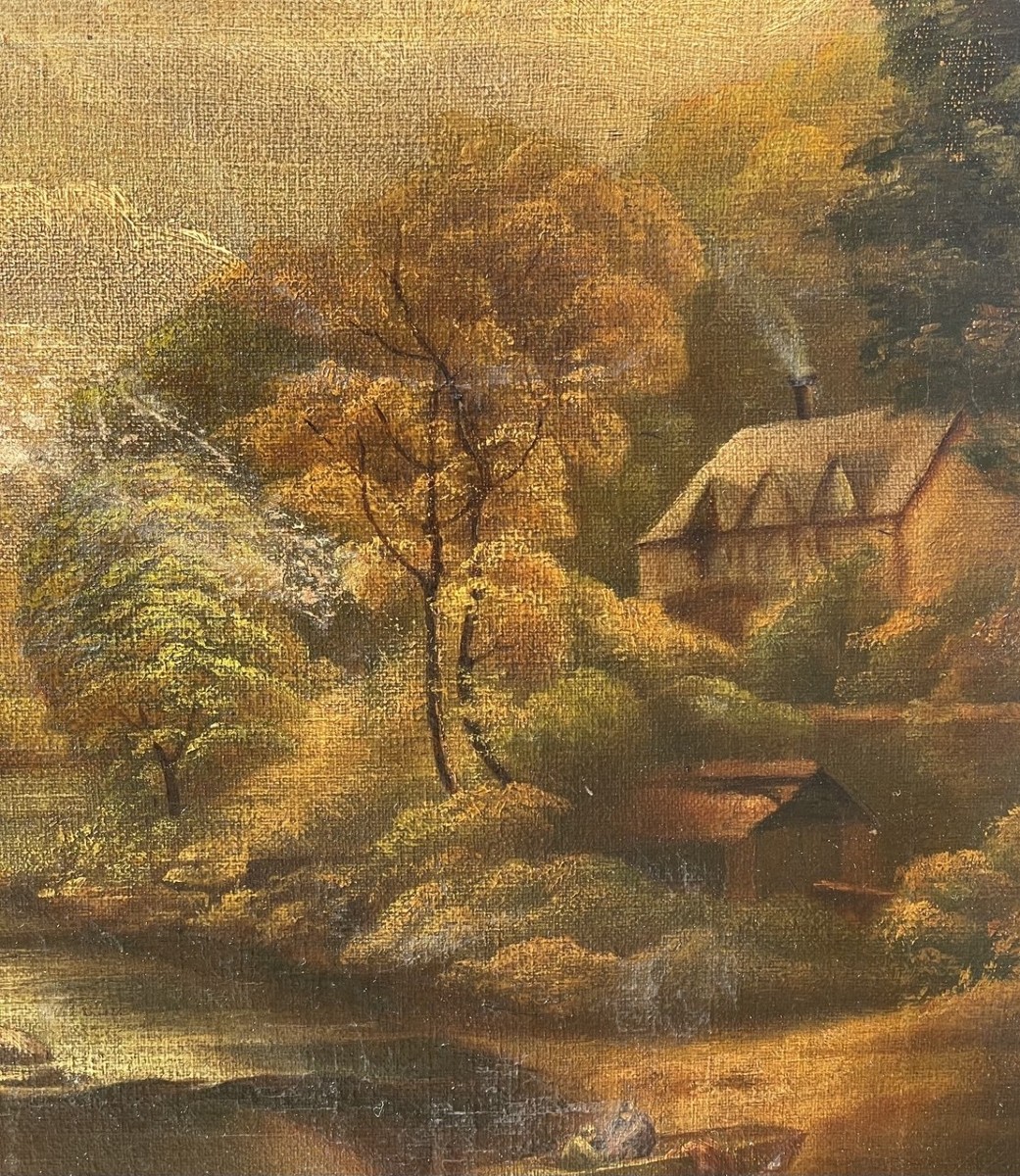 Pittore nordeuropeo (XIX-XX secolo) - Paesaggio fluviale con rocce e casolare.-photo-1