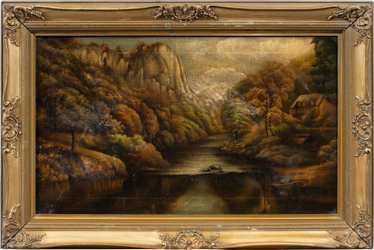 Pittore nordeuropeo (XIX-XX secolo) - Paesaggio fluviale con rocce e casolare.