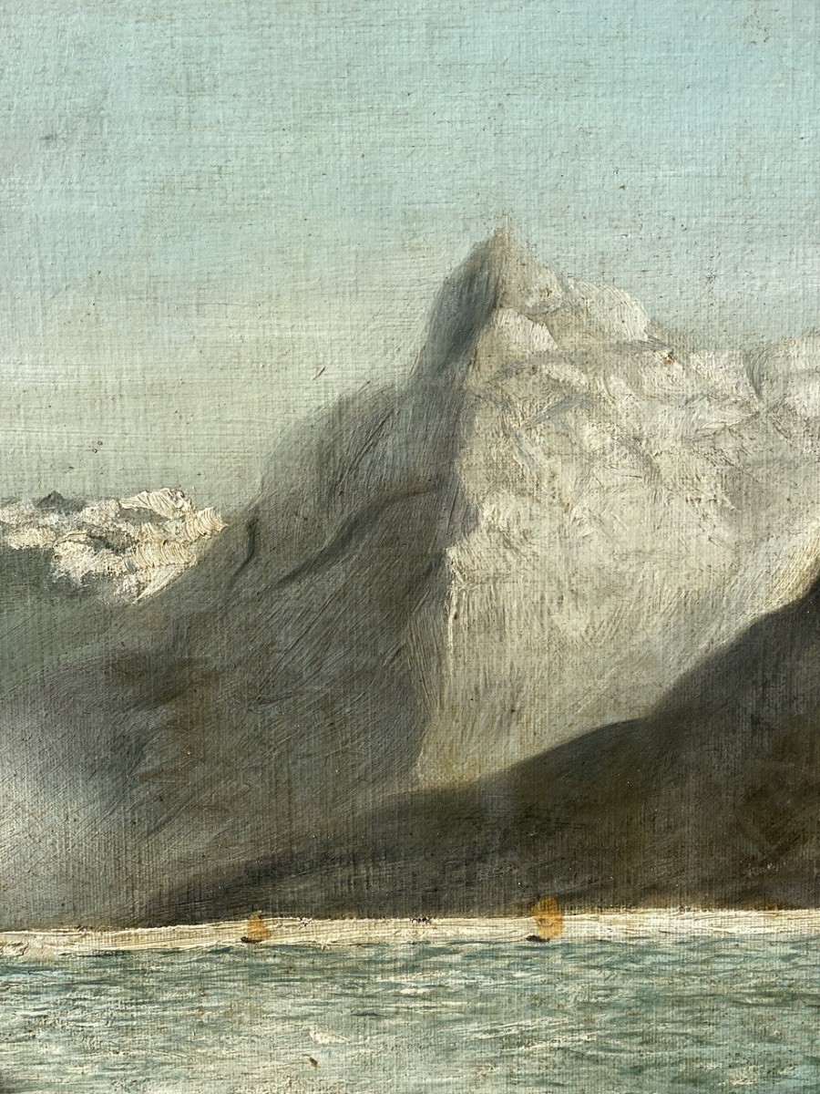 Pittore britannico (XIX - XX secolo) - Paesaggio lacustre alpino con rimessa per barche.-photo-2