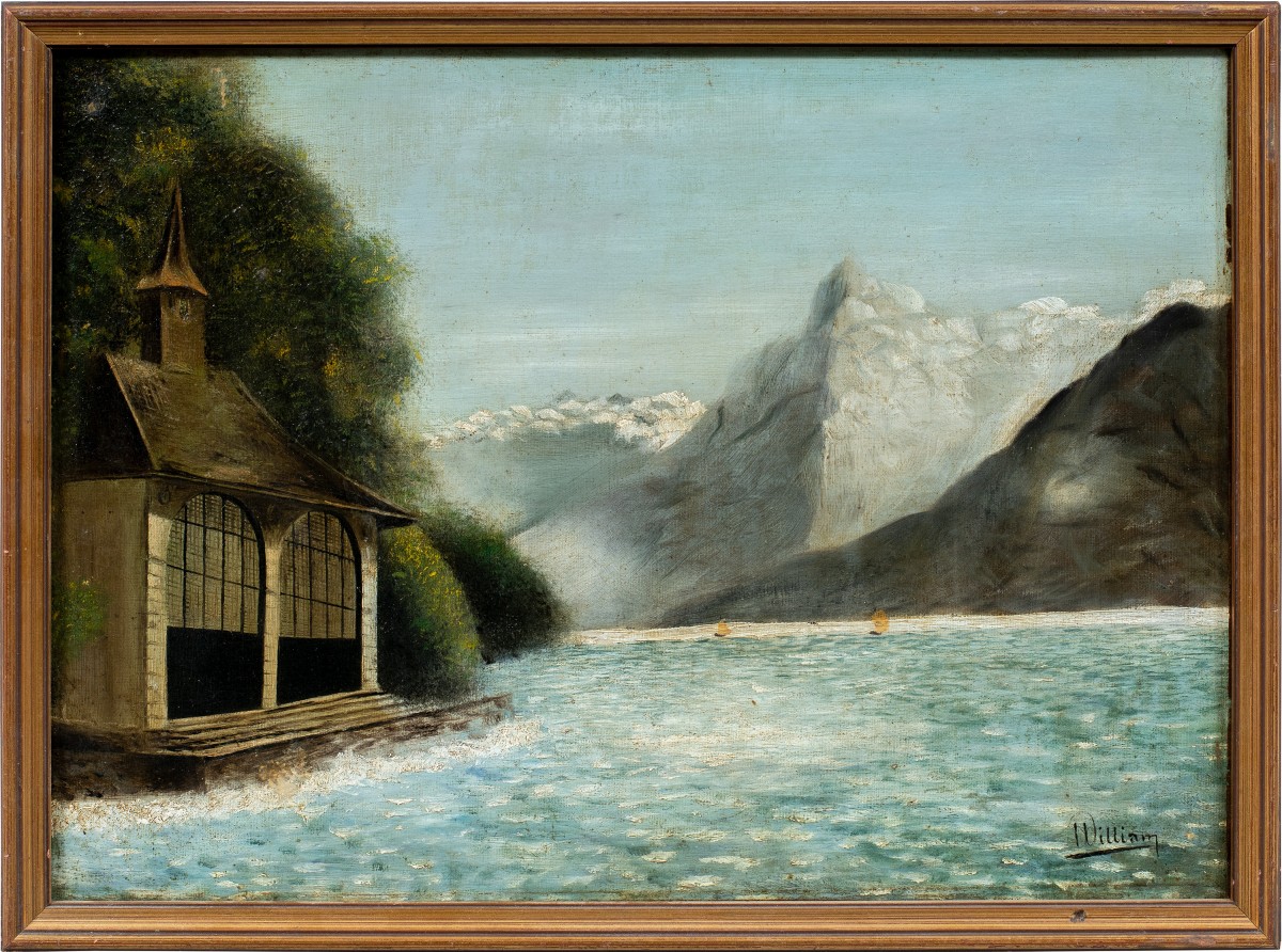 Pittore britannico (XIX - XX secolo) - Paesaggio lacustre alpino con rimessa per barche.