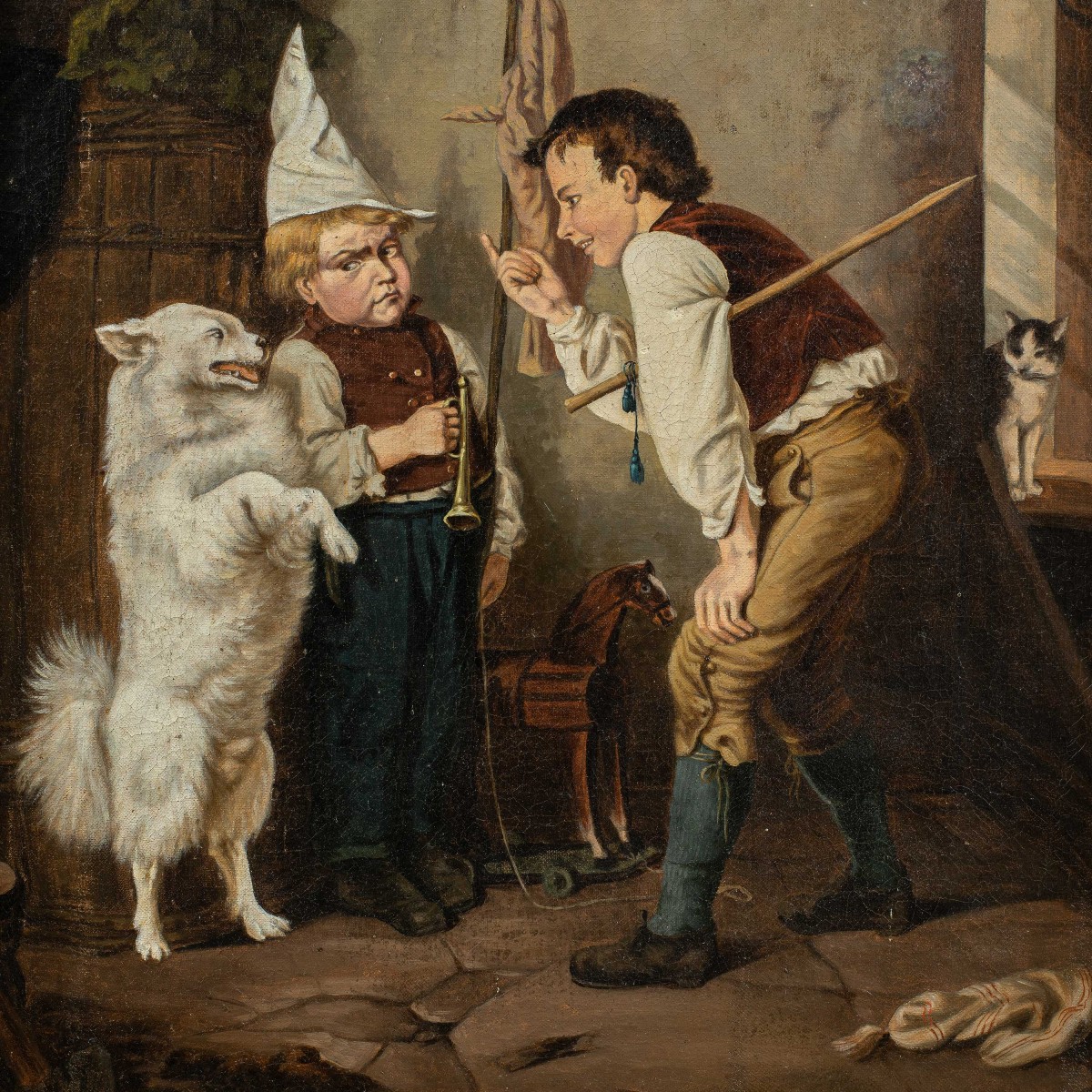 Pittore realista tedesco (XIX sec.) -  Due bambini giocano con il cane ammaestrato.-photo-2