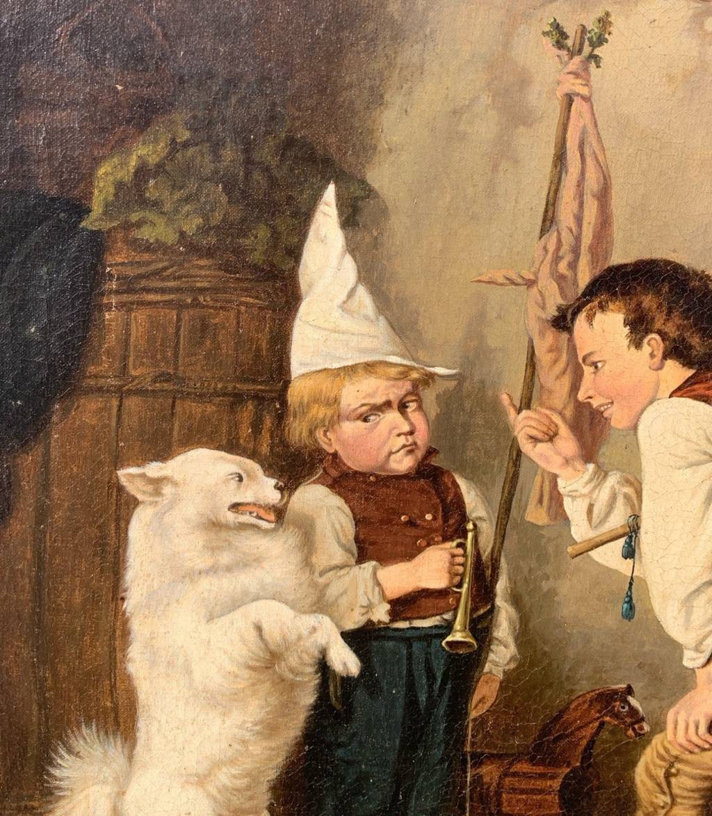 Pittore realista tedesco (XIX sec.) -  Due bambini giocano con il cane ammaestrato.-photo-1