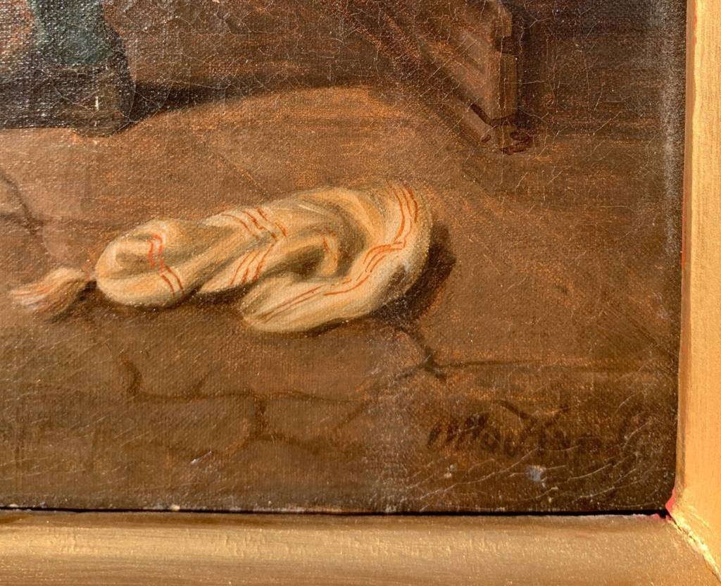 Pittore realista tedesco (XIX sec.) -  Due bambini giocano con il cane ammaestrato.-photo-2