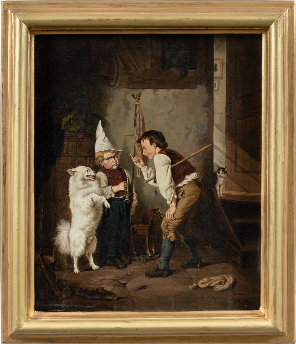 Pittore realista tedesco (XIX sec.) -  Due bambini giocano con il cane ammaestrato.