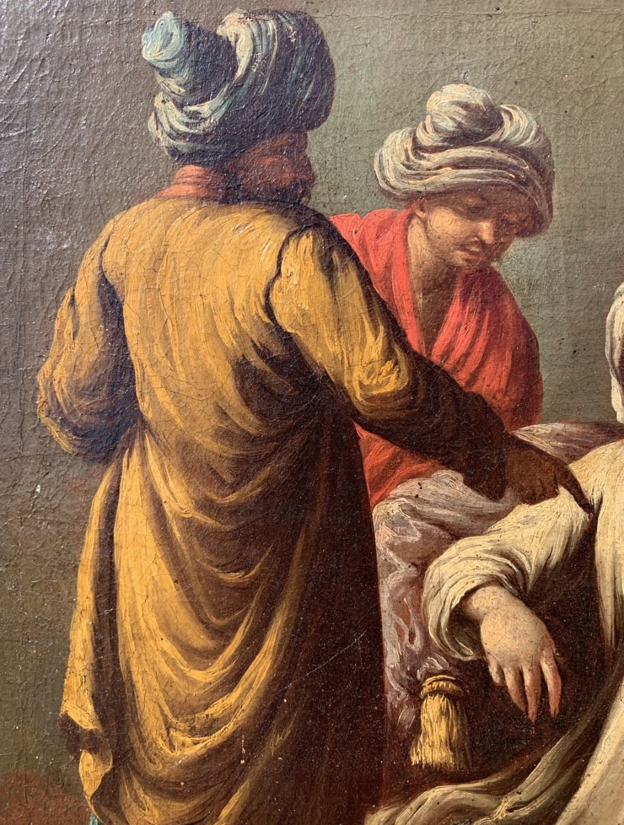 Pittore veneziano (XVIII sec.) - Scena orientale con figure in costume turco e pappagallo.-photo-2