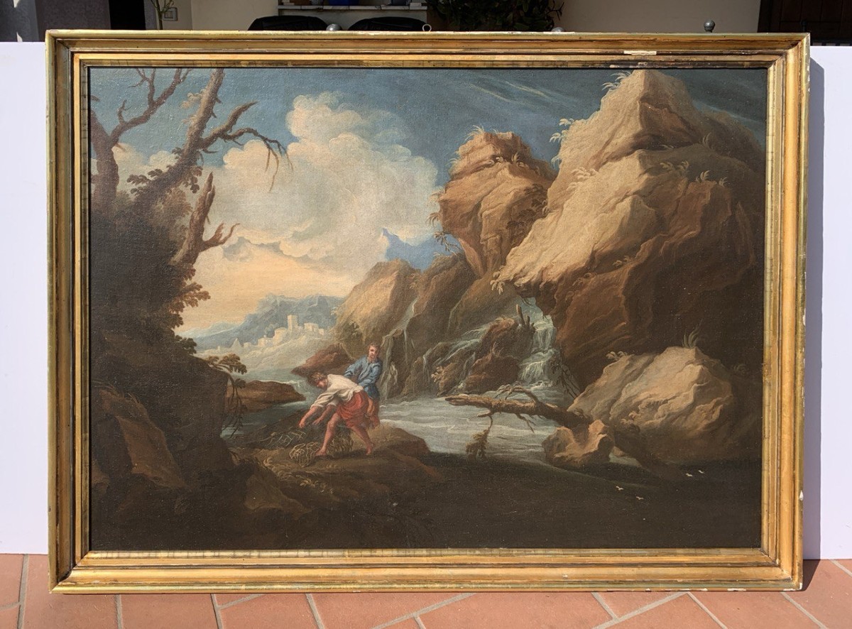 Attribuito a Bartolomeo Pedon (Venezia 1665 - Venezia 1732) - Paesaggio fluviale con pescatori.-photo-4