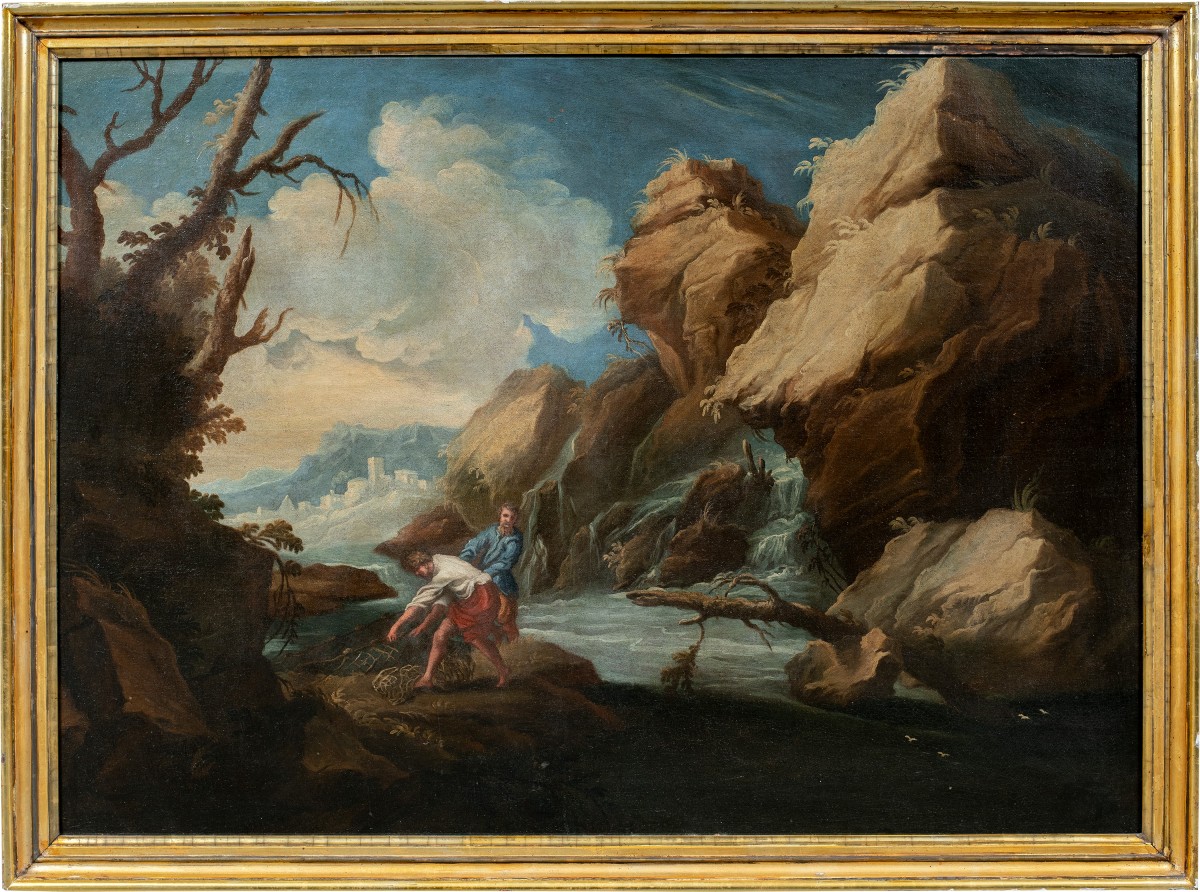 Attribuito a Bartolomeo Pedon (Venezia 1665 - Venezia 1732) - Paesaggio fluviale con pescatori.