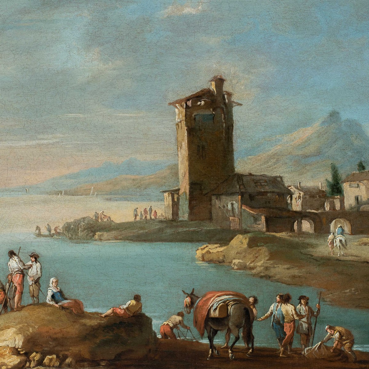 Attribuito a Francesco Simonini (XVIII) - Paesaggio portuale con torre e personaggi.-photo-2