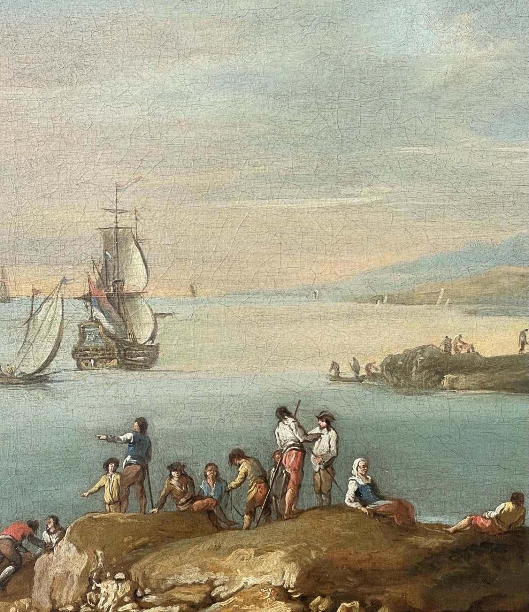 Attribuito a Francesco Simonini (XVIII) - Paesaggio portuale con torre e personaggi.-photo-2